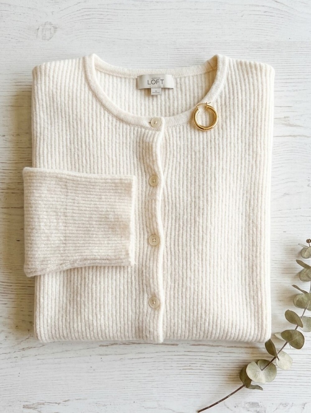LOFT Outlet Cream Ribbed Knit Button-Front Cardigan Sweater XL